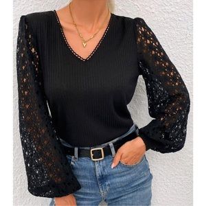 Guipure Lace Insert Lantern Sleeve Top